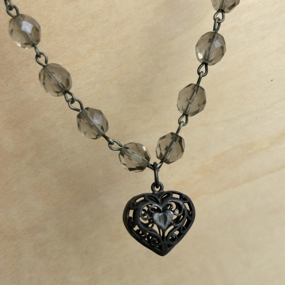 💗Vintage 90s necklace open work heart, smoky quartz